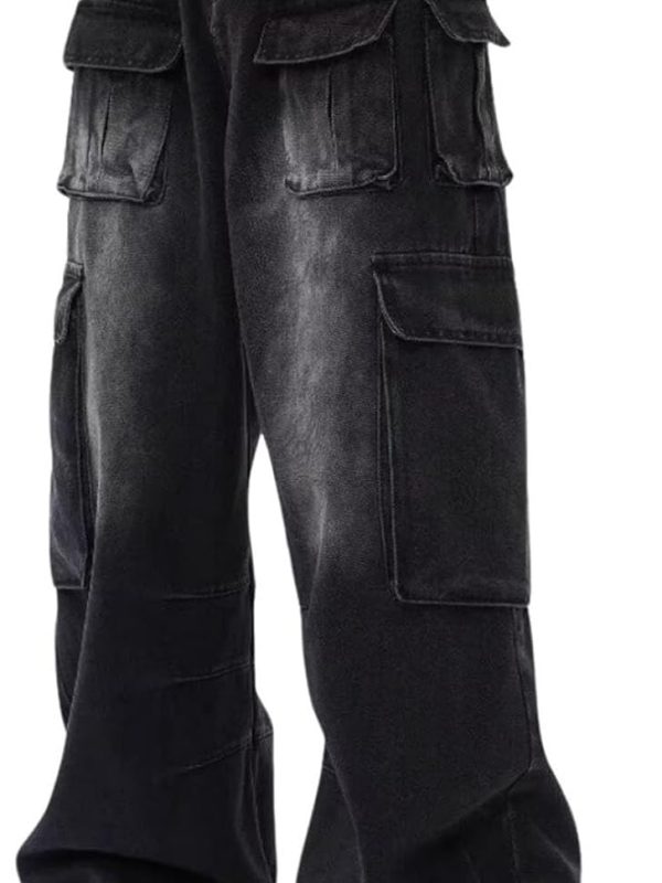 Unisex Loose Fit Wide Leg Cargo Denim Pants