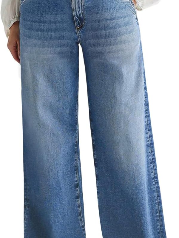 Women’s Mid Waist Wide Leg Washed Denim Pants
