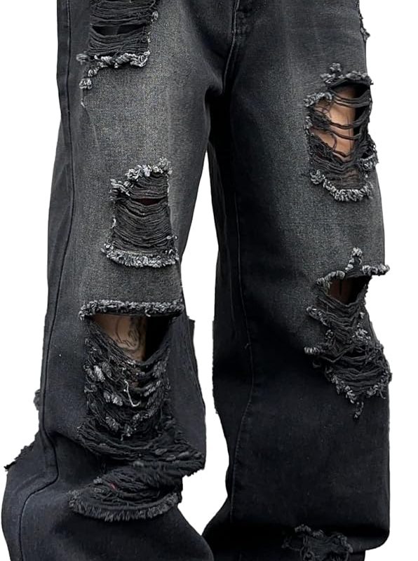 Men’s Loose Fit Wide Leg Distressed Denim Jeans