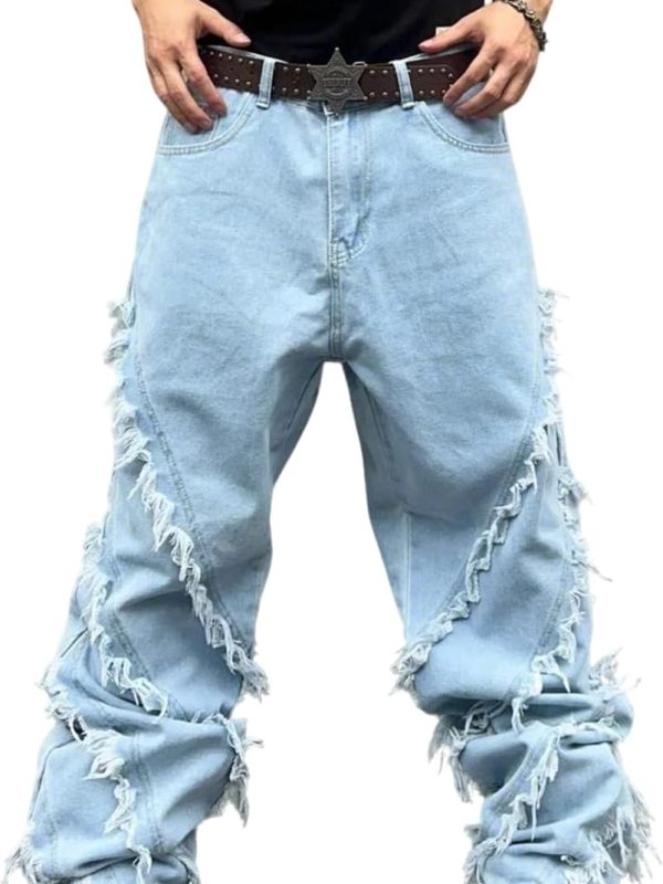 Men’s Wide Leg Frayed Edge Denim Jeans